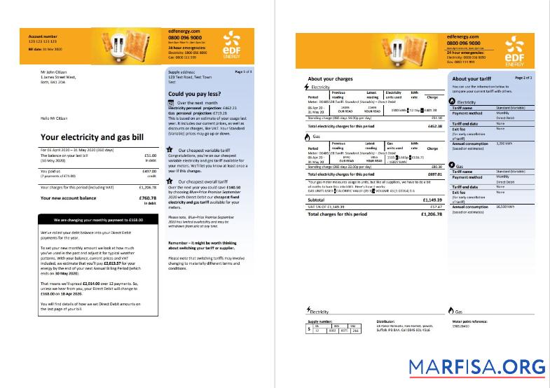 Realistic United Kingdom EDF utility bill template in Word and PDF format (3 pages) 1 2